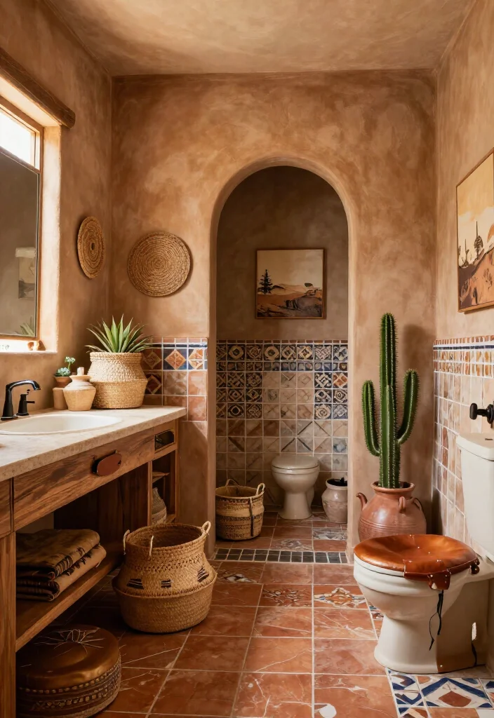 15 Gorgeous Southwestern Bathroom Ideas That’ll Make Your Space Feel Like a Desert Retreat (Wait Until You See #8!) - 9. Layer in Woven Baskets and Leather Accents 1