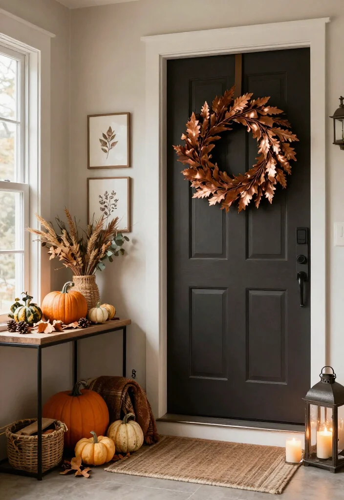 15 Warm Thanksgiving Entryway Decor Ideas That’ll Make Every Guest Feel Instantly at Home - 1. Welcome Guests With a Copper-and-Dried-Leaf Wreath 1