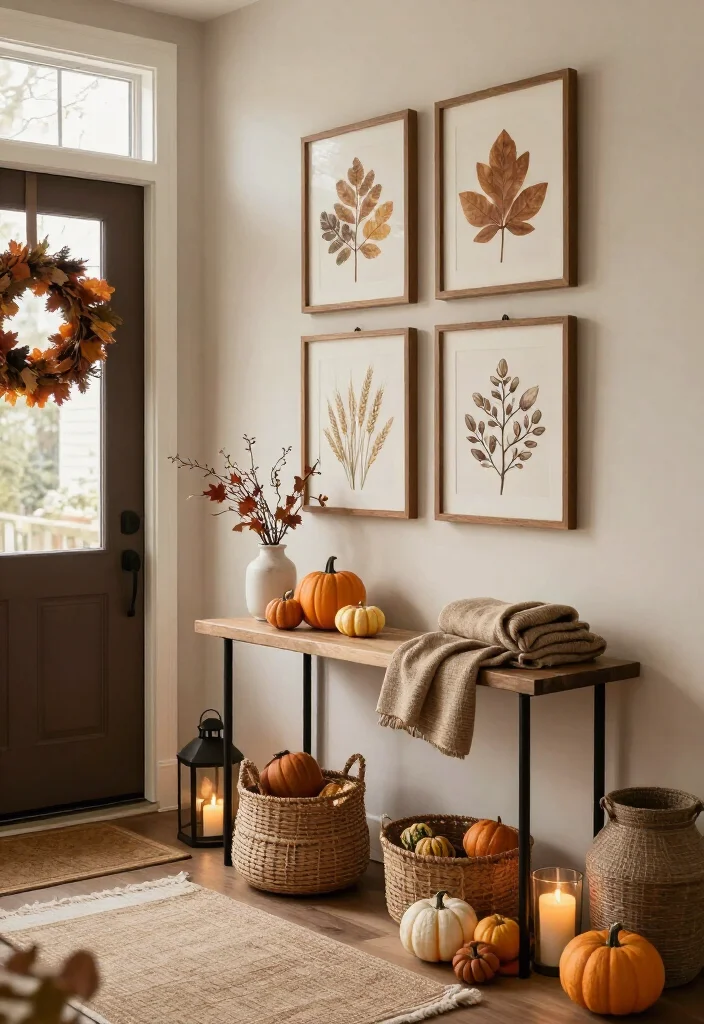 15 Warm Thanksgiving Entryway Decor Ideas That’ll Make Every Guest Feel Instantly at Home - 10. Use Botanical Art for a Quiet Seasonal Backdrop 1