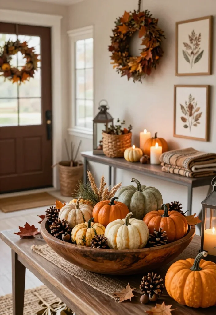 15 Warm Thanksgiving Entryway Decor Ideas That’ll Make Every Guest Feel Instantly at Home - 12. Fill a Harvest Bowl With Gourds and Pinecones 1