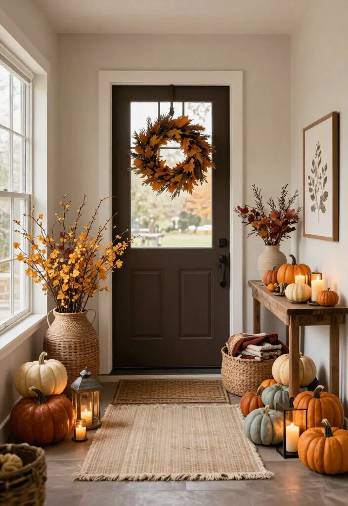 15 Warm Thanksgiving Entryway Decor Ideas That’ll Make Every Guest Feel Instantly at Home - 14. Balance the Door With Paired Seasonal Arrangements 1