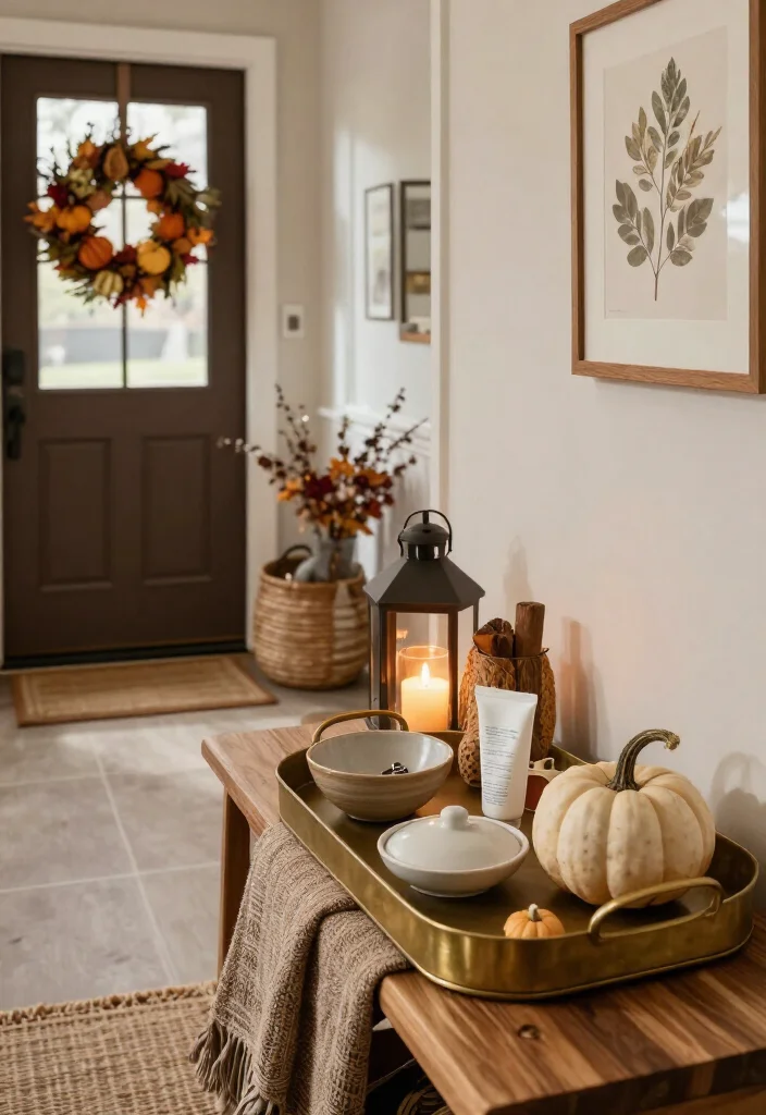 15 Warm Thanksgiving Entryway Decor Ideas That’ll Make Every Guest Feel Instantly at Home - 15. Finish With a Small Guest-Ready Welcome Tray 1