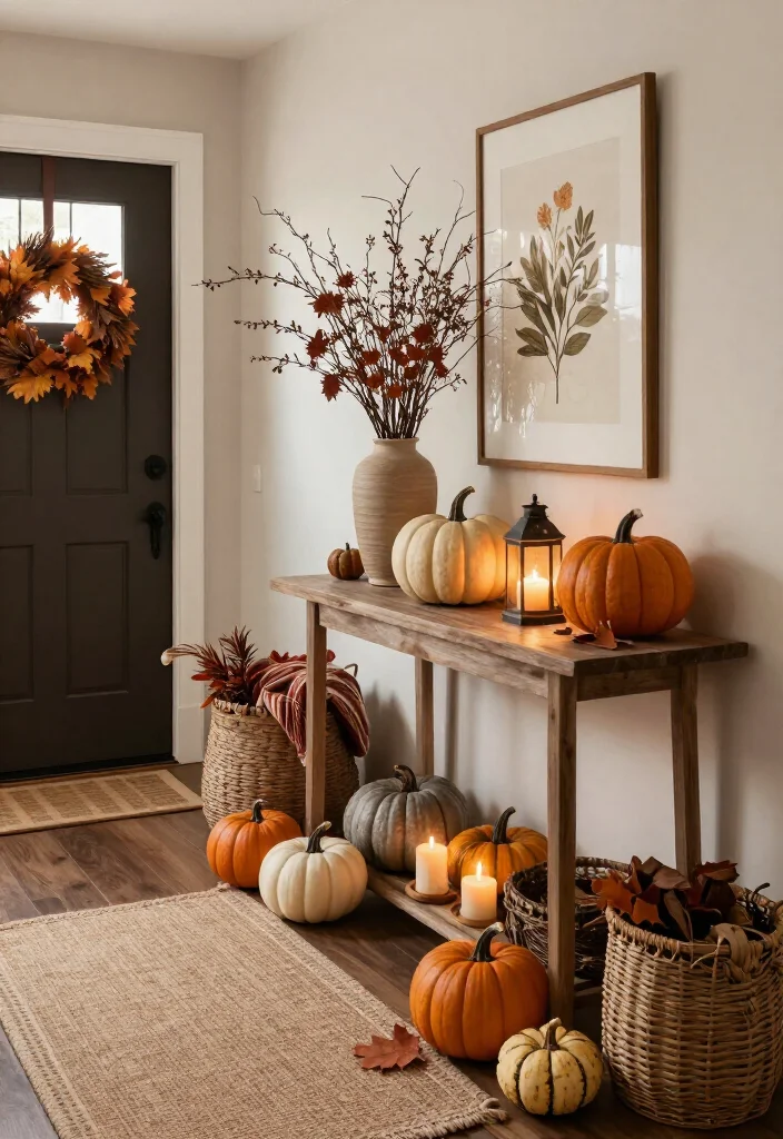 15 Warm Thanksgiving Entryway Decor Ideas That’ll Make Every Guest Feel Instantly at Home - 2. Build a Pumpkin-Filled Console Table 1