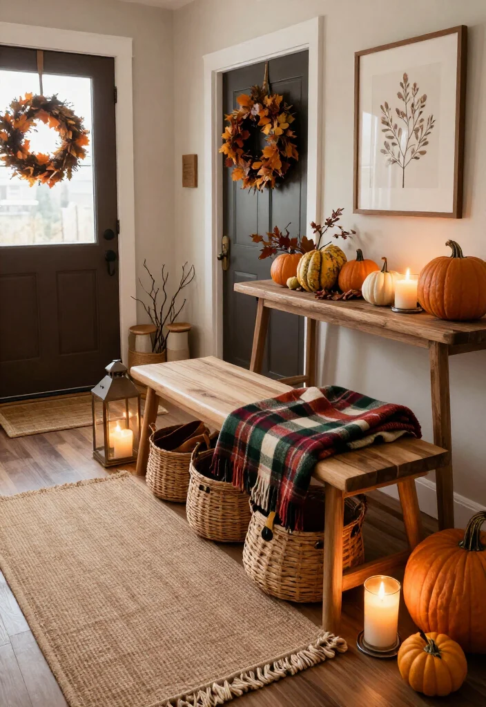 15 Warm Thanksgiving Entryway Decor Ideas That’ll Make Every Guest Feel Instantly at Home - 3. Add a Plaid Throw to a Simple Entryway Bench 1
