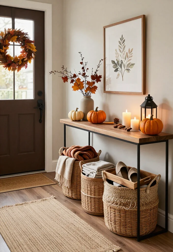 15 Warm Thanksgiving Entryway Decor Ideas That’ll Make Every Guest Feel Instantly at Home - 5. Set Up a Woven Basket Station for Guest Comfort 1