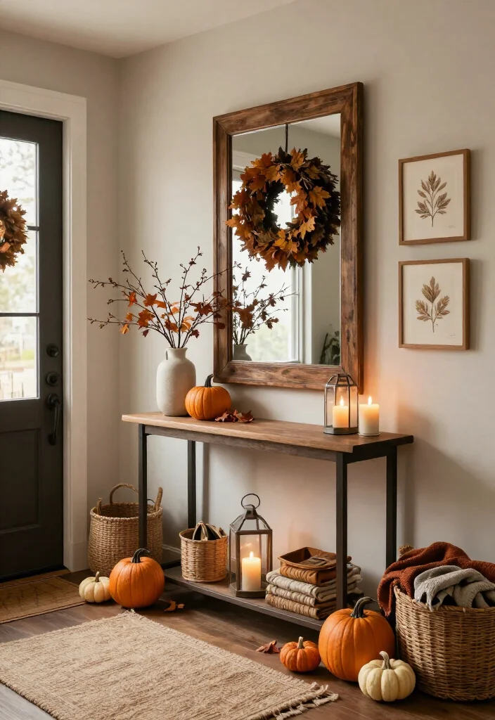 15 Warm Thanksgiving Entryway Decor Ideas That’ll Make Every Guest Feel Instantly at Home - 6. Let an Oversized Mirror Open Up the Foyer 1