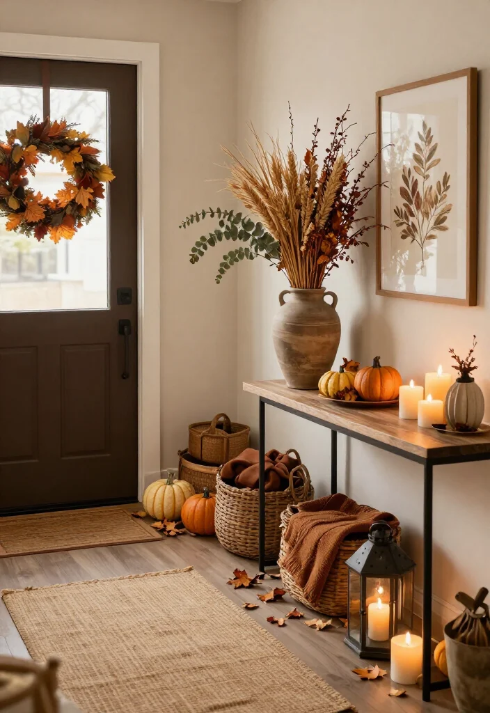 15 Warm Thanksgiving Entryway Decor Ideas That’ll Make Every Guest Feel Instantly at Home - 7. Frame the Console With Dried Branches and Wheat 1