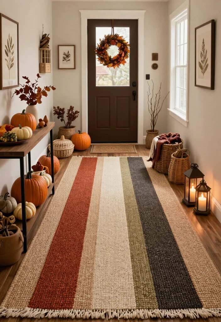 15 Warm Thanksgiving Entryway Decor Ideas That’ll Make Every Guest Feel Instantly at Home - 8. Layer Two Textured Runners for a Softer Landing 1
