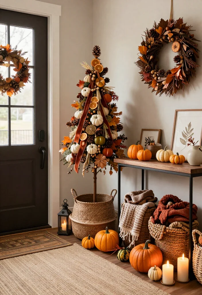 15 Warm Thanksgiving Entryway Decor Ideas That’ll Make Every Guest Feel Instantly at Home - 9. Decorate a Tiny Harvest Tree by the Door 1