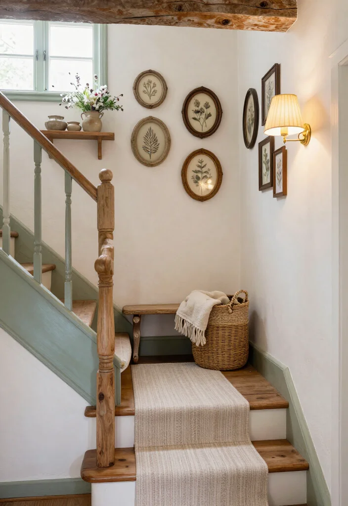 16 Storybook Cottagecore House Ideas That’ll Make Your Home Feel Like a Fairytale - 13. Style the Stair Landing as a Tiny Gallery 1