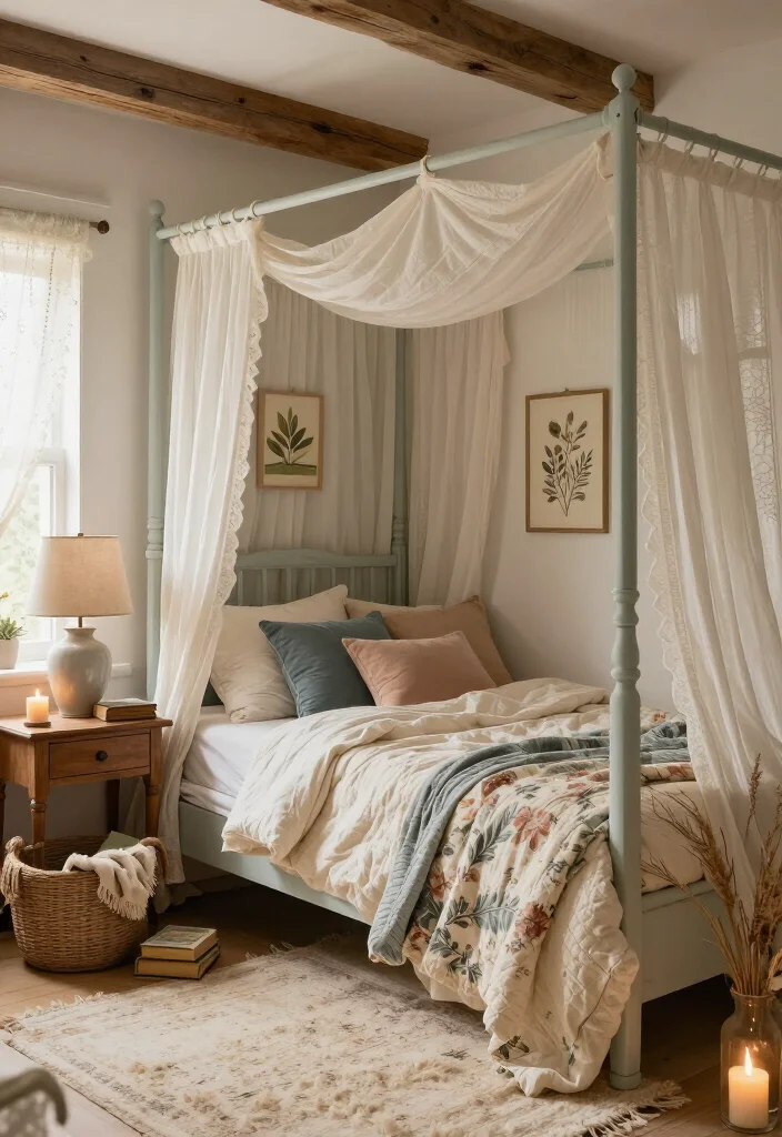 16 Storybook Cottagecore House Ideas That’ll Make Your Home Feel Like a Fairytale - 5. Add a Bedroom Canopy Without Making It Fussy 1