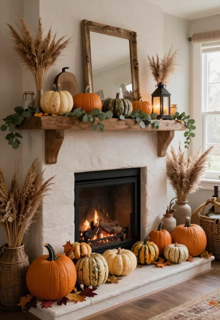 17 Cozy Thanksgiving Mantel Decor Ideas That'll Make Your Home Feel Like a Fall Fairytale (#7 Is Pure Magic!) - 1. Build a Tiny Pumpkin Patch Across the Mantel 1