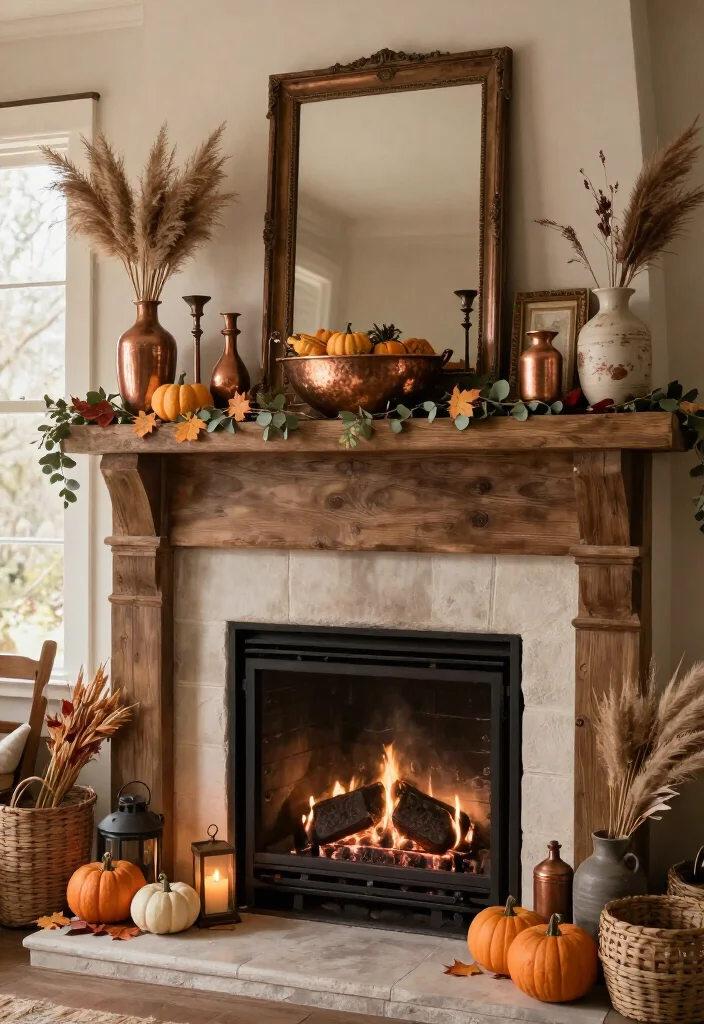 17 Cozy Thanksgiving Mantel Decor Ideas That'll Make Your Home Feel Like a Fall Fairytale (#7 Is Pure Magic!) - 10. Mix in Copper for a Touch of Harvest Shine 1