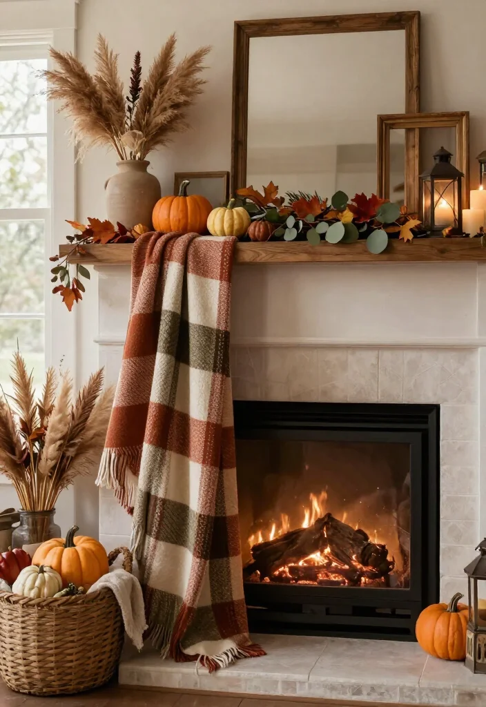 17 Cozy Thanksgiving Mantel Decor Ideas That'll Make Your Home Feel Like a Fall Fairytale (#7 Is Pure Magic!) - 11. Drape a Plaid Throw Near the Fireplace 1
