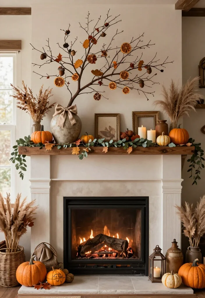 17 Cozy Thanksgiving Mantel Decor Ideas That'll Make Your Home Feel Like a Fall Fairytale (#7 Is Pure Magic!) - 12. Add a Small Harvest Tree in a Crock 1