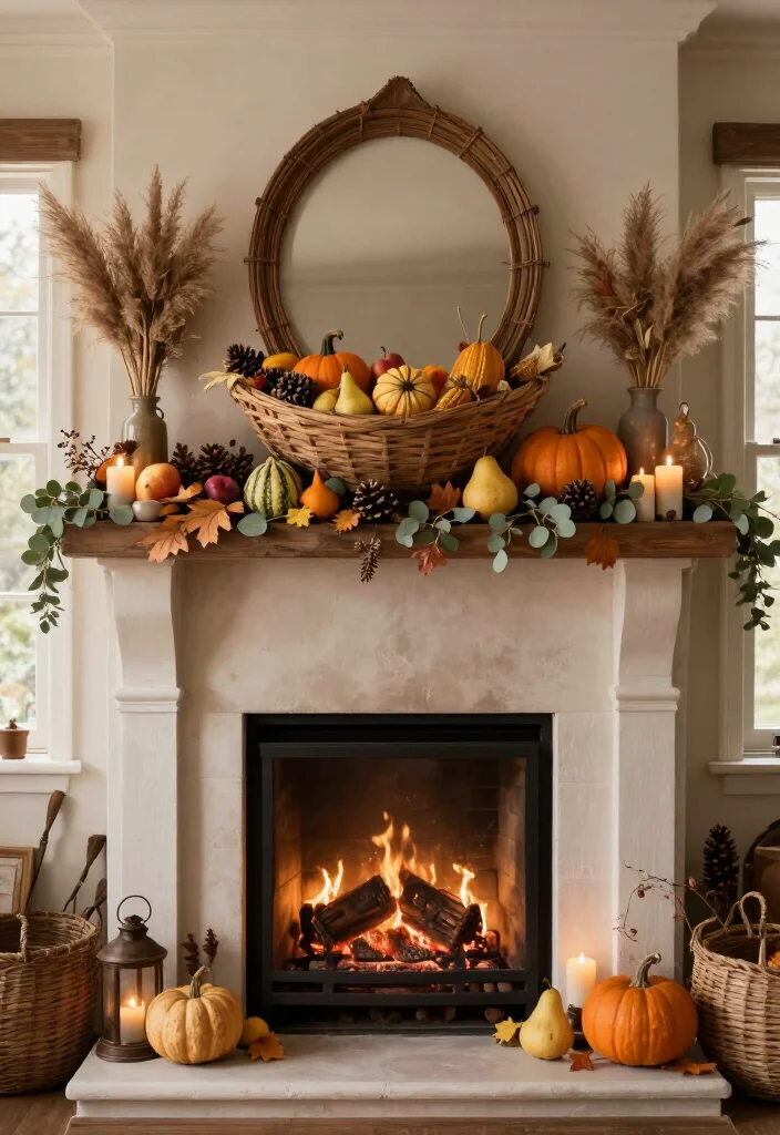 17 Cozy Thanksgiving Mantel Decor Ideas That'll Make Your Home Feel Like a Fall Fairytale (#7 Is Pure Magic!) - 13. Center a Rustic Cornucopia Bowl 1
