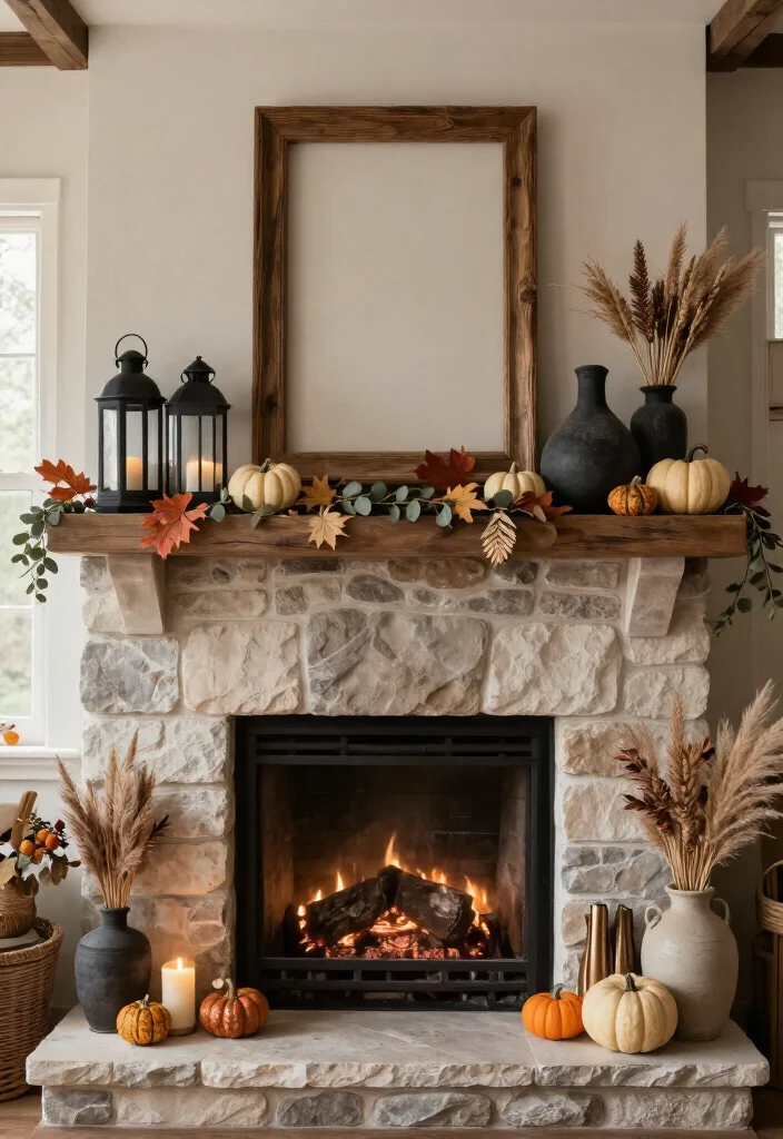 17 Cozy Thanksgiving Mantel Decor Ideas That'll Make Your Home Feel Like a Fall Fairytale (#7 Is Pure Magic!) - 16. Add a Little Moody Contrast With Charcoal 1