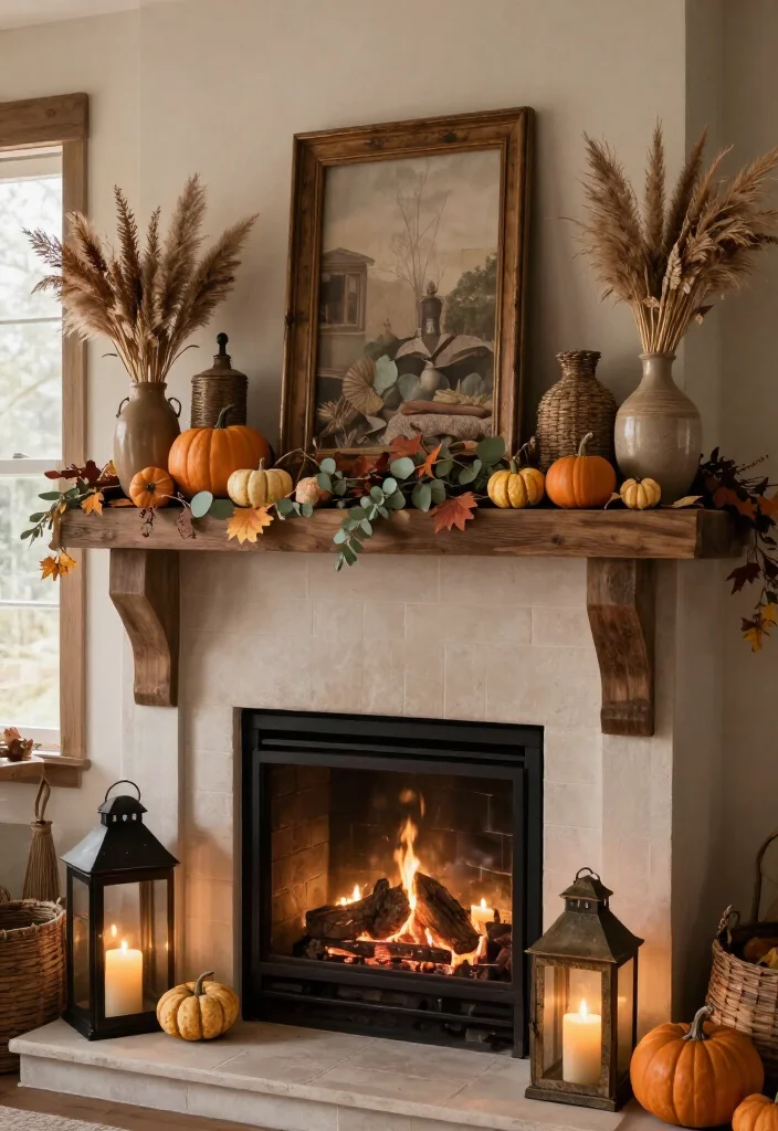 17 Cozy Thanksgiving Mantel Decor Ideas That'll Make Your Home Feel Like a Fall Fairytale (#7 Is Pure Magic!) - 4. Add Lanterns for a Candlelit Harvest Glow 1
