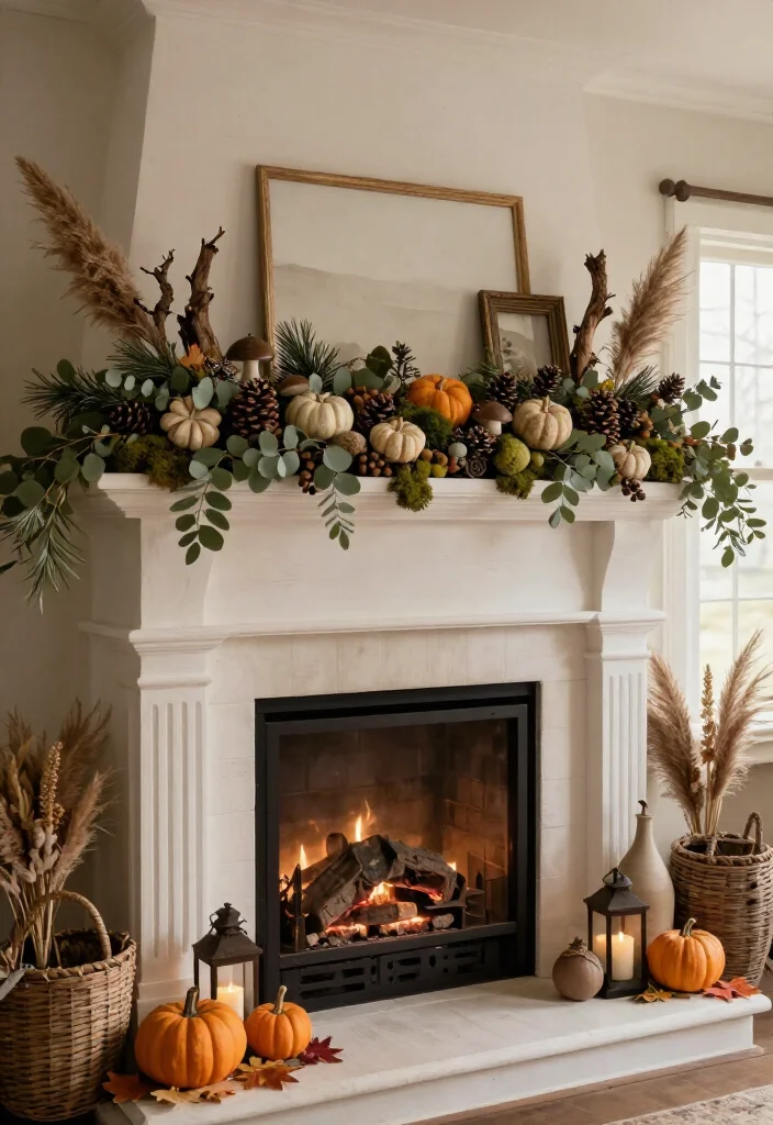 17 Cozy Thanksgiving Mantel Decor Ideas That'll Make Your Home Feel Like a Fall Fairytale (#7 Is Pure Magic!) - 6. Bring in a Woodland Harvest Theme 1