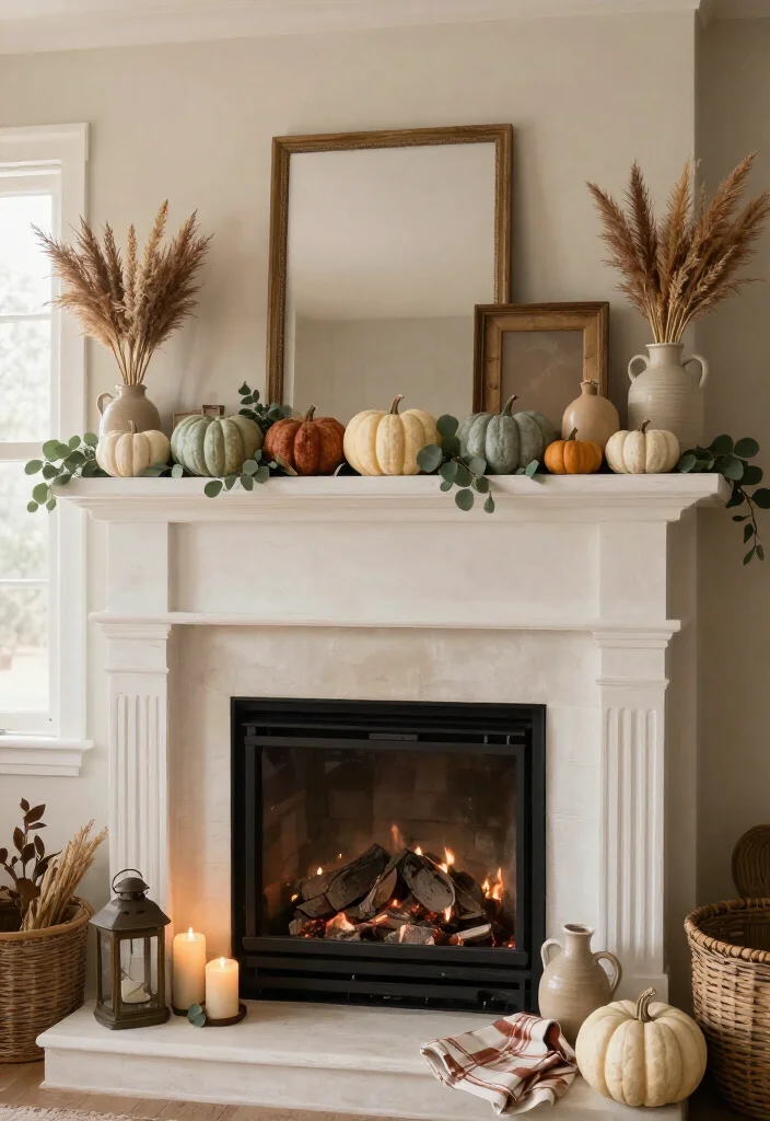 17 Cozy Thanksgiving Mantel Decor Ideas That'll Make Your Home Feel Like a Fall Fairytale (#7 Is Pure Magic!) - 8. Keep It Soft With Cream and Sage Pumpkins 1