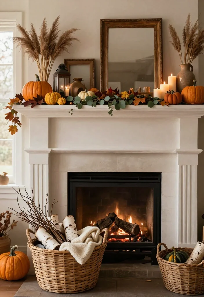 17 Cozy Thanksgiving Mantel Decor Ideas That'll Make Your Home Feel Like a Fall Fairytale (#7 Is Pure Magic!) - 9. Anchor the Hearth With a Woven Basket 1