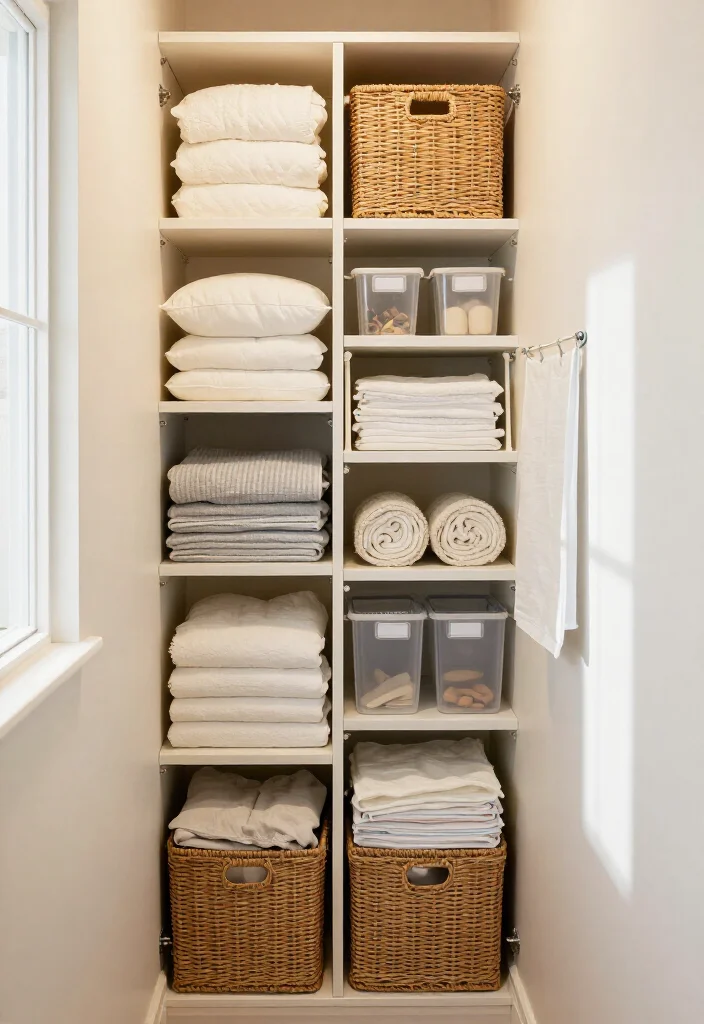 19 Smart Linen Closet Organization Ideas That’ll Make Your Tiny Space Feel Twice as Big (Wait Until You See #7!) - 12. Choose Narrow Baskets for Awkward Side Gaps 1
