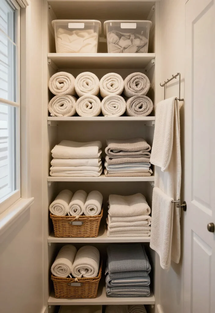19 Smart Linen Closet Organization Ideas That’ll Make Your Tiny Space Feel Twice as Big (Wait Until You See #7!) - 3. Roll Towels for a Neater, Easier-to-Use Shelf 1