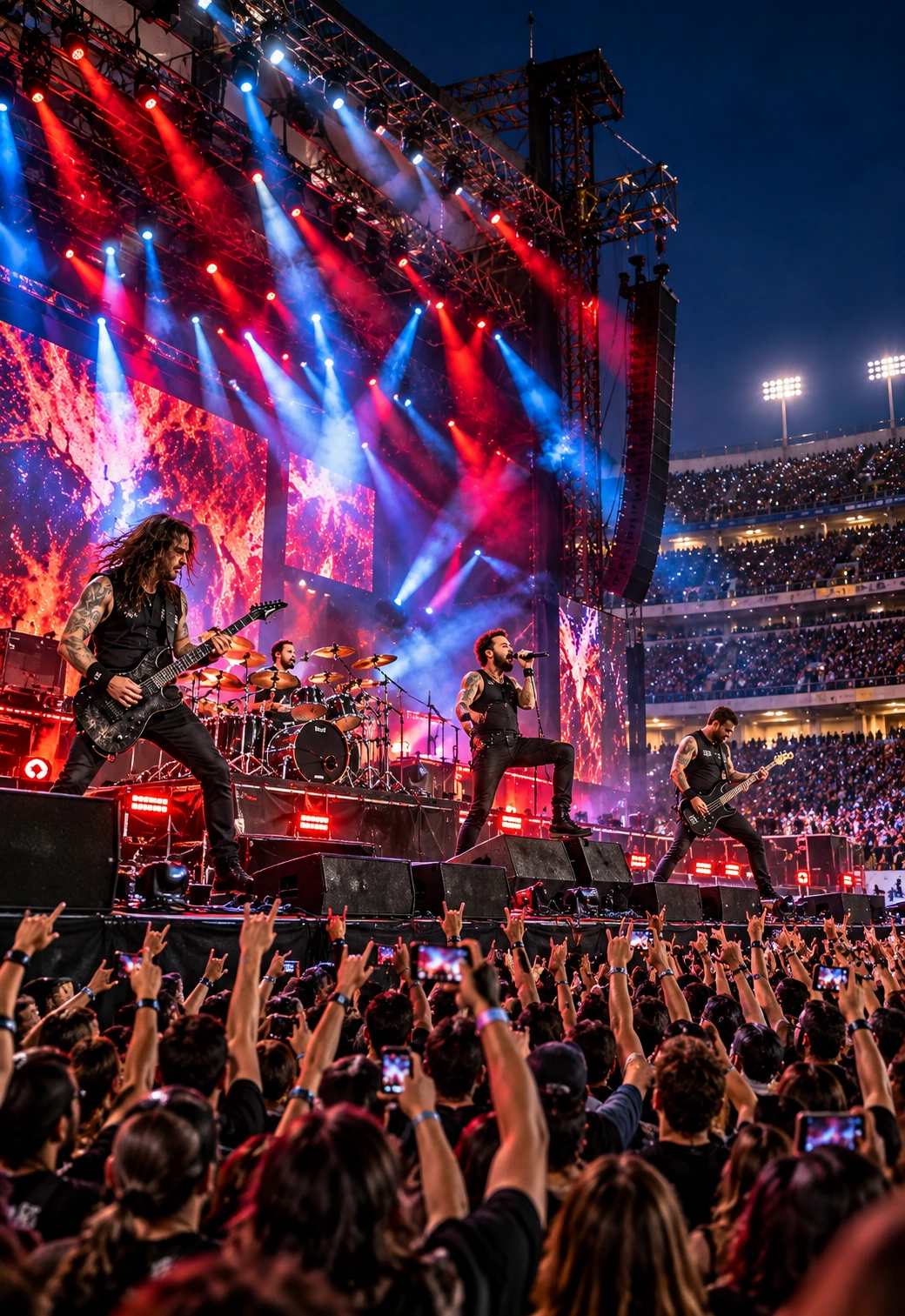 System of a Down at the Rose Bowl 2027: Concert Dates, Tickets & Everything to Know 2 System of a Down at the Rose Bowl 2027 / Heavy metal band performing on a large outdoor concert stage before an enthusiastic audience.