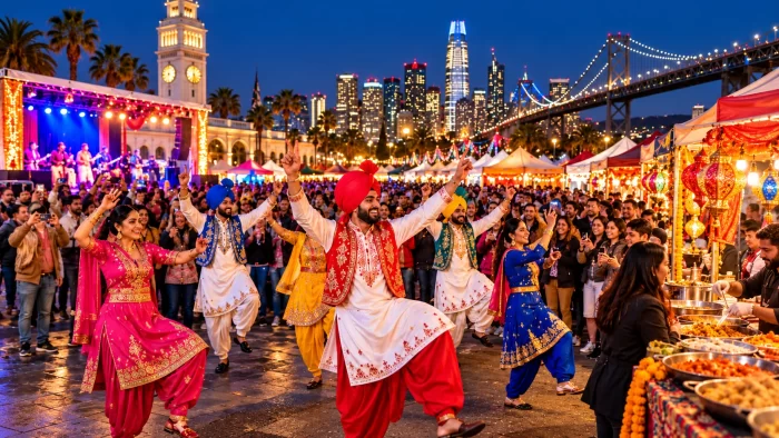 an Francisco's free Diwali celebration featuring Bhangra dancing, festive lights, and the Bhangra & Beats Night Market.